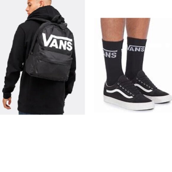 Vans Black White Backpack & 3 Pairs Vans Black Socks Men Size 9.5-13 Bundle NWT - Picture 2 of 10